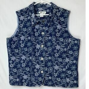 Coldwater Creek Women's Size XL Blue Denim Floral Woven Button Front Vest